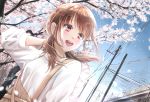  1girl :d bangs blue_sky bridge brown_eyes brown_hair cherry_blossoms day dutch_angle english_commentary eyebrows_visible_through_hair hand_on_own_neck long_sleeves looking_to_the_side low_twintails open_mouth original outdoors overalls petals power_lines shirt short_hair signature sky smile solo soragane_(banisinngurei) spring_(season) symbol_commentary tree_branch twintails upper_body upper_teeth white_shirt wind 
