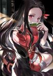  1girl bamboo bangs bare_legs bit_gag black_hair black_haori blush gag hair_ribbon haori highres hinahino japanese_clothes kamado_nezuko kimetsu_no_yaiba kimono long_hair long_sleeves looking_at_viewer mouth_hold oni open_clothes parted_bangs pink_kimono red_eyes ribbon sitting solo 