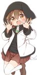  1girl :d animal_ears animal_hat ayanepuna bangs black_headwear black_shirt blush brown_eyes brown_footwear brown_hair brown_skirt ear_piercing eyebrows_visible_through_hair fake_animal_ears fang hair_between_eyes hands_up hat highres jacket loafers long_sleeves looking_at_viewer mei_(ayanepuna) open_clothes open_jacket open_mouth original piercing pleated_skirt shirt shoes simple_background skirt smile solo thigh-highs white_background white_jacket white_legwear zipper_pull_tab 