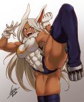  1girl abs absurdres airisubaka animal_ears boku_no_hero_academia breasts commentary dark_skin eyebrows_visible_through_hair gloves highres mirko muscle muscular_female pose red_eyes signature tail thigh-highs thighs white_background white_hair 