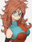  1girl android_21 black-framed_eyewear blue_eyes breasts checkered checkered_dress dragon_ball dragon_ball_fighterz dress glasses grey_background hair_between_eyes kemachiku large_breasts long_hair looking_at_viewer redhead simple_background solo upper_body 
