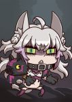  1girl ahoge animal_ears april_fools atalanta_(alter)_(fate) atalanta_(fate) belt_collar black_collar boar cat_ears chibi collar fate/grand_order fate_(series) green_eyes highres long_hair official_art riyo_(lyomsnpmp) shaded_face silver_hair solo yellow_eyes 