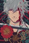  1boy abx_(kabu) blood blood_on_face flower gintama grey_hair plant red_eyes sakata_gintoki short_hair smile solo sword weapon 