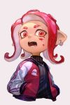  1girl black_sweater earrings grey_background hankuri jacket jewelry looking_at_viewer necklace octoling open_clothes open_jacket open_mouth red_eyes red_jacket redhead ribbed_sweater simple_background splatoon_(series) splatoon_2 sweater tentacle_hair upper_body 