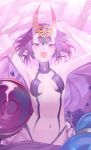  1girl absurdres arms_up bangs bare_arms blush breasts eyebrows_visible_through_hair fate/grand_order fate_(series) gourd headpiece highres looking_at_viewer lying navel on_back oni_horns open_mouth pointy_ears purple_hair revealing_clothes short_eyebrows shuten_douji_(fate/grand_order) skin-covered_horns small_breasts solo ssangbong-llama violet_eyes 