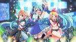  1boy 2girls :d ;q \m/ ahoge aqua_eyes aqua_hair arm_up bangs bass_clef black_gloves black_legwear black_neckwear black_shorts blonde_hair blue_eyes blue_shirt blue_skirt blush bow breasts brother_and_sister capri_pants collared_shirt commentary_request concert cowboy_shot detached_sleeves disco_ball drawstring eyebrows_visible_through_hair fingerless_gloves frilled_skirt frills fur-trimmed_footwear gloves glowstick grey_footwear hair_between_eyes hair_bow hair_ornament hairclip hatsune_miku headphones holding holding_microphone hood hood_down hooded_shirt hooded_vest index_finger_raised jumping kagamine_len kagamine_rin long_hair looking_at_viewer medium_breasts microphone midriff multiple_girls music navel necktie one_eye_closed open_clothes open_hand open_mouth open_shirt orange_belt pants pink_bow pink_vest screen shirt shoes short_hair short_necktie short_shorts short_sleeves shorts showgirl_skirt siblings sidelocks singing skirt sleeveless sleeveless_shirt smile sneakers socks sparkle stage stage_lights standing standing_on_one_leg thigh-highs tongue tongue_out twins twintails very_long_hair vest vocaloid white_shirt yasuko_ame zettai_ryouiki 