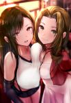  2girls aerith_gainsborough asymmetrical_docking black_hair breast_press breasts brown_hair cropped_jacket dress elbow_gloves final_fantasy final_fantasy_vii final_fantasy_vii_remake gloves highres jacket large_breasts long_hair looking_at_viewer mappaninatta multiple_girls pink_dress red_jacket skirt suspender_skirt suspenders tifa_lockhart 