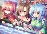  3girls :d :t anger_vein animal_ear_fluff animal_ears bangs bare_shoulders black_shirt blue_bow blue_eyes blue_hair blush bow breasts brooch brown_eyes brown_hair cape collarbone commentary_request dress drill_hair eyebrows_visible_through_hair fang fingernails fish goldfish goldfish_scooping grass_root_youkai_network green_kimono hair_between_eyes hair_bow head_fins high_collar highres imaizumi_kagerou japanese_clothes jewelry kimono long_hair long_sleeves medium_breasts multiple_girls nail_polish obi off-shoulder_dress off_shoulder open_mouth pudding_(skymint_028) purple_sash red_cape red_eyes red_nails redhead sash sekibanki shaded_face sharp_fingernails shirt short_hair skin_fang smile touhou upper_body wakasagihime water white_dress wolf_ears 