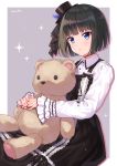  1boy absurdres bangs black_hair blue_eyes blush bob_cut crossdressinging dress gothic_lolita hat highres idolmaster idolmaster_side-m kagura_rei lolita_fashion looking_at_viewer mini_hat mini_top_hat otoko_no_ko rayuse solo sparkle stuffed_animal stuffed_toy teddy_bear top_hat 