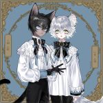 2boys adjusting_clothes adjusting_gloves animal_ear_fluff animal_ears arms_at_sides bangs black_gloves black_hair black_neckwear black_pants black_ribbon bloodcat_(babacatcat) blue_background blue_eyes blue_neckwear blue_ribbon border brooch cat_boy cat_ears cat_tail character_name ciba_(bloodcat) cowboy_shot dark_skin dark_skinned_male eyelashes frills gloves green_eyes grey_hair hair_between_eyes jewelry lips long_sleeves looking_at_viewer matching_outfit mijiu_(bloodcat) multiple_boys neck_ribbon neck_ruff original pants parted_lips puffy_long_sleeves puffy_sleeves ribbon shirt silver_hair sleeve_cuffs slit_pupils tail wavy_hair white_shirt wide_sleeves 
