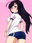  1girl ahoge artist_logo artist_name bangs black_eyes black_hair blue_shorts blush commentary cowboy_shot dated from_behind frown girls_und_panzer grimace gym_shirt gym_shorts gym_uniform highres isuzu_hana long_hair looking_at_viewer looking_back pink_background shiroobi_(whitebeltmaster) shirt shirt_tug short_shorts shorts simple_background single_vertical_stripe solo standing sweatdrop t-shirt white_shirt 