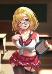  1girl blonde_hair blush breasts classroom collarbone eyebrows_visible_through_hair glasses greyfish13 hair_ornament hairclip highres indoors large_breasts looking_at_viewer midriff navel open_mouth original pencil pleated_skirt plump red_skirt school_uniform shiny shiny_hair shirt short_sleeves skirt solo thigh-highs thighs uniform walking white_shirt zettai_ryouiki 