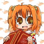  1girl apron avatar_icon book chamaji check_commentary checkered checkered_shirt commentary_request eyebrows_visible_through_hair hair_between_eyes hair_bobbles hair_ornament holding holding_book japanese_clothes looking_at_viewer lowres motoori_kosuzu open_mouth red_eyes redhead shirt short_hair signature slug smile solo touhou twintails upper_body yellow_apron 