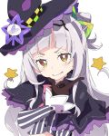  1girl bangs black_headwear blunt_bangs brown_eyes brown_gloves gloves hat hololive ixy long_hair looking_at_viewer murasaki_shion silver_hair simple_background smile solo star upper_body virtual_youtuber white_background witch_hat 