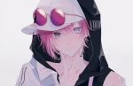  ! 1boy bangs baseball_cap black_eyes closed_mouth earrings eyebrows_visible_through_hair eyewear_on_head grey_eyes hair_between_eyes hat heterochromia highres hood hood_up jewelry looking_at_viewer myuhuaki original pink_hair short_hair simple_background solo tattoo upper_body v 