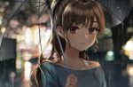  1girl bra_strap brown_hair closed_mouth collarbone connie_(keean2019) expressionless eyebrows_visible_through_hair holding holding_umbrella long_hair looking_at_viewer original rain scenery solo umbrella violet_eyes 