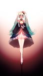  1girl absurdres aqua_eyes aqua_hair black_dress black_sleeves bloom bow caibaobao_(user_ncrp5222) criss-cross_halter detached_sleeves dress floating full_body hair_bow halterneck hatsune_miku highres long_hair looking_at_viewer petticoat slippers smile solo thigh-highs twintails very_long_hair vocaloid white_legwear 