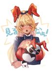 1girl ahoge animal_ears blonde_hair blue_neckwear blush bow bowtie breast_hold breasts bunnysuit crossed_arms dark_skin ear_blush elf embarrassed eyebrows_visible_through_hair fake_animal_ears familiar hair_between_eyes highres hololive kintsuba_(flare_channel) large_breasts long_hair looking_at_viewer naname_(7name) open_mouth panda pointy_ears ponytail rabbit_ears red_eyes shiranui_flare shrug_(clothing) simple_background sparkle translated upper_body virtual_youtuber white_background wrist_cuffs 