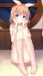  1girl absurdres bangs blurry blurry_background blush brown_skirt closed_mouth commentary_request convenient_leg depth_of_field eyebrows_visible_through_hair full_body gochuumon_wa_usagi_desu_ka? hair_between_eyes hair_ribbon hands_up highres hoto_cocoa indoors jacket kneehighs light_brown_hair long_sleeves looking_at_viewer night no_shoes open_clothes open_jacket pink_legwear pizzzica ribbon round_window skirt smile solo striped_jacket violet_eyes window 