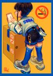  1girl absurdres bangs belt_pouch bent_over blue_border blue_legwear blunt_bangs border box brown_hair cardboard_box cellphone from_behind full_body hair_bun highres huge_filesize jacket moai_(more_e_4km) name_tag no_smoking over-kneehighs oversized_clothes phone pouch sega shoes shorts signature smartphone sneakers thigh-highs 