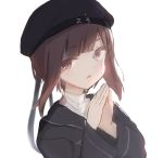  1girl arms_up brown_eyes brown_hair dress hat kantai_collection long_sleeves looking_at_viewer military_hat open_mouth peaked_cap sailor_collar sailor_dress sailor_hat shaded_face short_hair simple_background solo white_background yae_(yaecun) z3_max_schultz_(kantai_collection) 