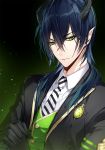 1boy bangs black_gloves blue_hair blurry closed_mouth gloves green_eyes hair_between_eyes hands_clasped horns long_hair looking_at_viewer mochizuki_shiina necktie open_clothes own_hands_together pointy_ears sidelocks solo striped striped_neckwear twisted_wonderland upper_body 