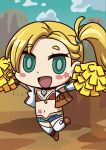  1girl april_fools blonde_hair blush_stickers calamity_jane_(fate/grand_order) chibi clouds cropped_vest fate/grand_order fate_(series) green_eyes highres long_hair midriff navel official_art open_mouth pom_pom_(clothes) riyo_(lyomsnpmp) side_ponytail smile solo star star_tattoo tattoo two-tone_shorts white_legwear yellow_pom_poms 