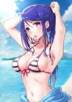  1girl adjusting_hair armpits arms_up beach bikini bikini_top blue_hair blue_sky breasts clouds collarbone commentary_request dated day eyebrows_visible_through_hair hair_between_eyes highres long_hair looking_at_viewer love_live! love_live!_sunshine!! matsuura_kanan medium_breasts miyamae_porin mouth_hold navel ponytail sky solo striped striped_bikini swimsuit violet_eyes 