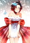  1girl 2020 ahoge artist_name black_hair blue_dress blush cherry_in_the_sun choker collarbone dress gradient_hair grey_background grey_eyes grin multicolored_hair redhead ruby_rose rwby sash see-through short_dress short_hair smile solo standing strapless strapless_dress 