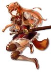  1girl absurdres animal_ears boots brown_eyes brown_gloves brown_hair closed_mouth floating_hair full_body gloves hair_tubes high-waist_skirt highres holding holding_sheath holding_sword holding_weapon long_hair long_sleeves looking_at_viewer miniskirt neck_ribbon raccoon_ears raccoon_girl raccoon_tail raphtalia red_ribbon ribbon sheath sheathed simple_background skirt smile solo sword tail tate_no_yuusha_no_nariagari thigh-highs thigh_boots tsugu0302 very_long_hair weapon white_background zettai_ryouiki 