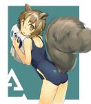  1girl absurdres animal_ears arknights ass brown_eyes brown_hair chinese_commentary eyebrows_visible_through_hair highres looking_back school_swimsuit shaw_(arknights) short_hair simple_background squirrel_tail swimsuit tail wet zhongye_yu 