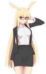  1girl bangs black-framed_eyewear black_jacket black_skirt blonde_hair blush breasts collared_shirt dress_shirt elfenlied22 fate/grand_order fate_(series) formal glasses head_wings highres jacket long_hair long_sleeves looking_at_viewer medium_breasts office_lady parted_lips pencil_skirt red_eyes shirt simple_background skirt skirt_suit smile solo suit thighs thrud_(fate/grand_order) valkyrie_(fate/grand_order) white_background white_shirt 
