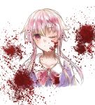  1girl ;) bangs blood blood_on_face blood_splatter bloody_clothes blue_shirt closed_mouth collarbone cropped_torso eyebrows_visible_through_hair floating_hair gasai_yuno hair_between_eyes kanameruri long_hair looking_at_viewer mirai_nikki one_eye_closed pink_hair pink_neckwear school_uniform shiny shiny_hair shirt simple_background sketch smile solo upper_body white_background 