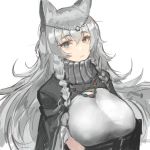  1girl animal_ears arknights blue_eyes braid breasts diadem eyebrows_visible_through_hair grey_hair hair_between_eyes hair_over_shoulder highres huge_breasts jewelry long_hair long_sleeves looking_at_viewer necklace pandea_work parted_lips pramanix_(arknights) shirt shrug_(clothing) simple_background solo upper_body white_background white_shirt 