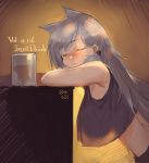  1girl animal_ears bangs blush breasts closed_eyes copyright_request drink drunk eyebrows_visible_through_hair eyeshadow from_side grey_hair highres large_breasts long_hair makeup no_bra nose_blush pandea_work parted_lips see-through_silhouette sleeping solo swept_bangs tank_top 