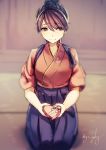  1girl blurry blurry_background closed_mouth depth_of_field dot_nose eyebrows_visible_through_hair facing_viewer hakama houshou_(kantai_collection) japanese_clothes kantai_collection kyouya_(mukuro238) ponytail purple_hair purple_hakama seiza sitting smile solo twitter_username 