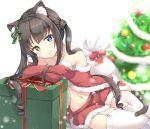  1girl animal_ear_fluff animal_ears bare_shoulders black_hair blue_eyes blurry blurry_background blush bow box cat_ears cat_girl cat_tail christmas christmas_ornaments christmas_tree closed_mouth collarbone depth_of_field elbow_gloves fur-trimmed_gloves fur-trimmed_skirt fur_trim garter_straps gift gift_box gloves green_bow hair_bow heterochromia highres keiran_(ryo170) long_hair navel original red_bow red_gloves red_skirt sack santa_costume skirt smile solo tail thigh-highs twintails very_long_hair white_background white_legwear yellow_eyes 
