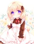  1girl animal_ears apron bangs blonde_hair blush breasts brown_dress brown_ribbon closed_mouth collared_dress dog_ears dog_girl dog_tail dress eyebrows_visible_through_hair floral_background frilled_apron frills hair_between_eyes hair_ribbon hand_up haru_ichigo highres long_sleeves looking_at_viewer maid neck_ribbon original red_ribbon ribbon sleeves_past_wrists small_breasts smile solo tail violet_eyes white_apron white_background 