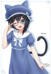  1girl ;d animal_ears animal_hat anz32 bangs beret black_hair blue-framed_eyewear blue_bow blue_dress blue_eyes blue_headwear blush bow cat_ears cat_hat cat_tail commentary_request commission dress drop_shadow eyebrows_visible_through_hair fake_animal_ears frilled_dress frills glasses hair_between_eyes hair_ornament hairclip hand_up hat looking_at_viewer one_eye_closed open_mouth original puffy_short_sleeves puffy_sleeves sailor_collar sailor_dress short_hair short_sleeves smile solo tail twitter_username white_background white_sailor_collar 