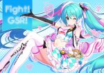  1girl annindoufu_(oicon) aqua_eyes aqua_hair argyle bare_shoulders boots breasts commentary_request crop_top crossed_legs elbow_gloves frilled_shirt frills gloves goodsmile_racing hair_ribbon hand_up hatsune_miku headphones high_heel_boots high_heels layered_skirt long_hair looking_at_viewer medium_breasts midriff miniskirt navel one_eye_closed outstretched_arm racing_miku racing_miku_(2019) ribbon shirt skirt sleeveless sleeveless_shirt solo thigh-highs thigh_boots twintails very_long_hair vocaloid 