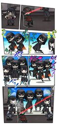  &gt;_&lt; 1boy 5girls :3 :d bangs beach black_hair black_skirt boombox bound brown_eyes brown_hair chair commander_(girls_frontline) dancing english_commentary girls_frontline glasses indoors jojo_no_kimyou_na_bouken laser long_hair mechanical_legs multiple_girls nyto_larvae_(girls_frontline) nyto_obelisk_(girls_frontline) o_o open_mouth pose red_uniform short_hair sitting skirt smile spotlight the_mad_mimic tied_up torture wallpaper_(object) 