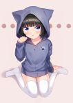  1boy absurdres animal_hood bangs black_hair blue_eyes blush bob_cut cat_hood fang from_below full_body highres hood hoodie idolmaster idolmaster_side-m kagura_rei looking_at_viewer naked_hoodie open_mouth otoko_no_ko paw_pose rayuse sitting skin_fang solo thigh-highs wariza white_legwear 