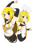  2girls armpits arms_up bare_shoulders blonde_hair blue_eyes bow breasts cosplay costume_switch detached_sleeves dual_persona future_style_(module) hair_bow hair_ornament hairclip headphones headset highres kagamine_rin large_breasts leg_warmers long_hair looking_at_viewer looking_to_the_side midriff multiple_girls navel necktie nishikino_kee older parted_lips ponytail sailor_collar shirt short_hair shorts sideboob sleeveless sleeveless_shirt small_breasts smile stretch stretched_limb vocaloid yellow_neckwear 