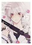  1boy blush border collarbone earrings eyebrows_visible_through_hair gun hair_between_eyes highres holding holding_gun holding_weapon jewelry looking_at_viewer myuhuaki open_collar original parted_lips red_eyes ring silver_hair solo tattoo unzipped upper_body weapon 