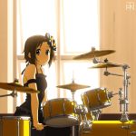 1girl armlet artist_logo backlighting black_dress blurry blurry_foreground brown_eyes brown_hair bysau closed_mouth day depth_of_field dress drum drum_set drumsticks formal hair_ornament highres holding_drumsticks indoors instrument k-on! light_frown looking_at_viewer short_hair sitting solo spaghetti_strap tainaka_ritsu window 