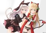  2girls animal_ears belt black_dress black_panties blonde_hair blush cat_ears cat_tail christmas cross dress girls_frontline green_eyes headphones long_hair looking_at_viewer minn_(kangjm1107) multiple_girls navel open_mouth p7_(girls_frontline) panties silver_hair smile tail tmp_(girls_frontline) underwear violet_eyes white_background 