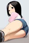  1girl bare_thighs black_hair black_legwear carpet child highres kneepits legs_together looking_at_viewer looking_back lying medium_hair on_side original panties panty_peek pastime774 shirt shorts simple_background socks solo t-shirt underwear white_panties 