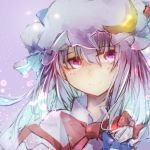  1girl absurdres blue_bow blue_ribbon blurry bokeh bow commentary_request crescent depth_of_field hair_bow hat hat_ribbon highres long_hair looking_at_viewer mob_cap patchouli_knowledge purple_background purple_hair red_bow red_neckwear red_ribbon ribbon safutsuguon smile solo touhou upper_body violet_eyes 
