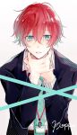  1boy arms_around_neck bangs blue_eyes eyebrows_visible_through_hair hair_between_eyes highres hypnosis_mic id_card kannonzaka_doppo long_sleeves looking_at_viewer multicolored_hair myuhuaki necktie open_clothes open_mouth redhead short_hair simple_background solo two-tone_hair upper_body white_background 