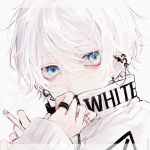  1boy blue_eyes cigarette covering_mouth ear_piercing earrings eyebrows_visible_through_hair highres holding holding_cigarette jacket jewelry looking_at_viewer myuhuaki original piercing ring short_hair simple_background solo upper_body white_background white_hair white_jacket 